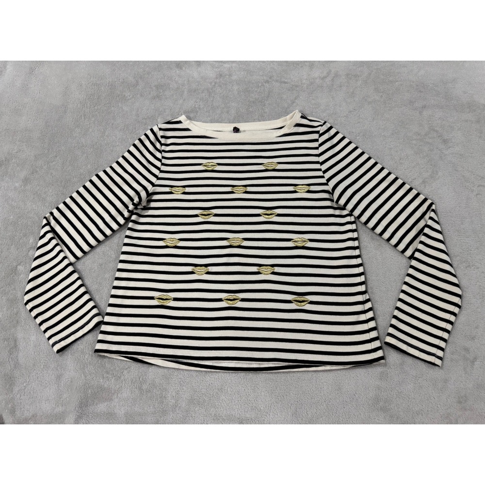 Betsey Johnson Performance Striped Long Sleeve Top Gold Embroidered Lips Small